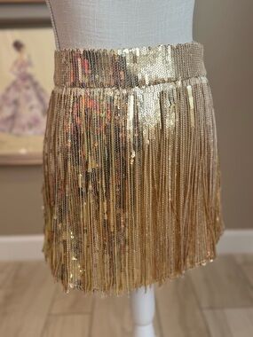New! QUEEN OF SPARKLES Gold Sequin Fringe Mini Skirt